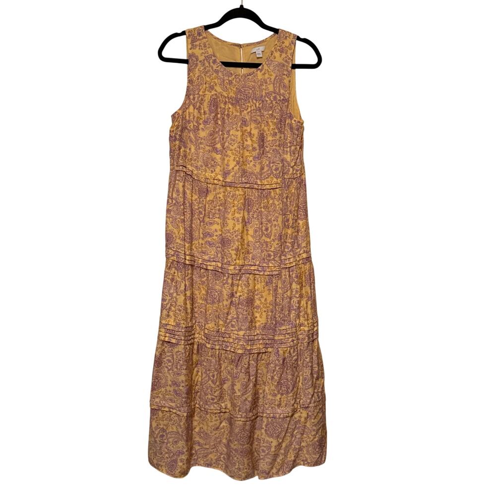 J.Jill Paisley Tiered Maxi Dress Mustard Purple Boho Sleeveless S NWOT